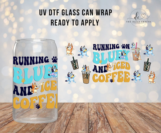 16oz UV Dtf running on bluey & iced coffee | Ready to Apply Cup Wrap | Waterproof