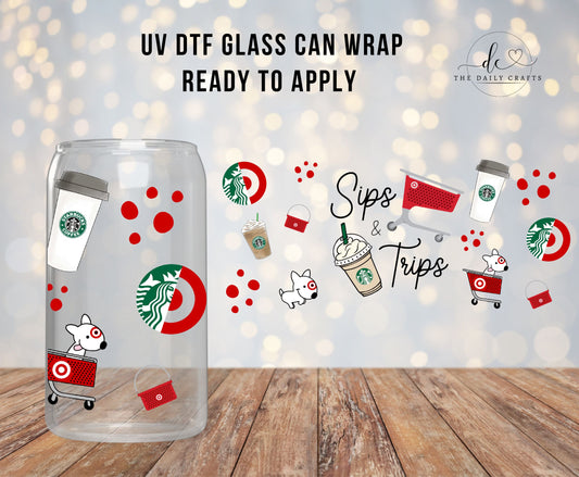 16oz UV DTF, Trips and Sips Glass Can Wrap, Starbucks and Target Can Libbey UV DTF | Ready to Apply Cup Wrap | No Heat Needed | Permanent Adhesive | Waterproof