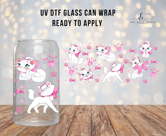 16oz UV DTF, #3 Pink Cat in Cups Decal, Marie Can Libbey UV DTF | Ready to Apply Cup Wrap | No Heat Needed | Permanent Adhesive | Waterproof